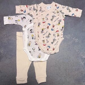 UNIQLO Snoopy 3-Piece Baby Set 0-3M Oatmeal Peanuts Bodysuit